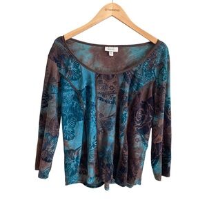 90s Y2k Blue and Brown Floral Fall 3/4 Sleeve Velvet Detail Blouse Size XL